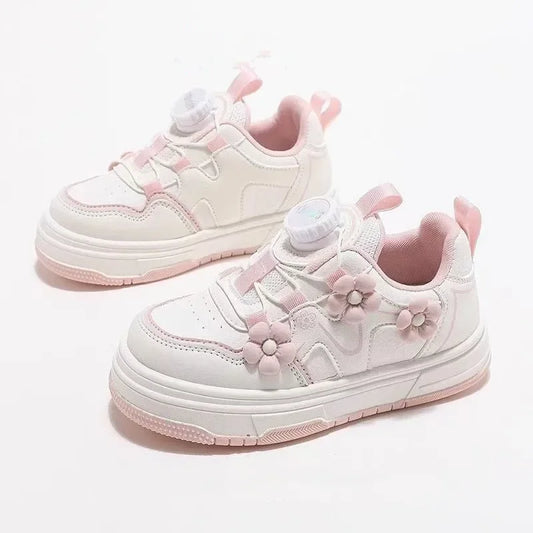 Girls Princess Skate Shoes Rotating Button Non-slip Kids Casual Shoes with Flowers 2025 New Children Sports Shoes Sweet Soft