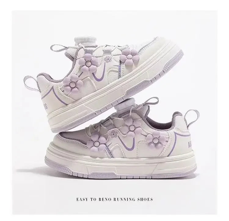 Girls Princess Skate Shoes Rotating Button Non-slip Kids Casual Shoes with Flowers 2025 New Children Sports Shoes Sweet Soft