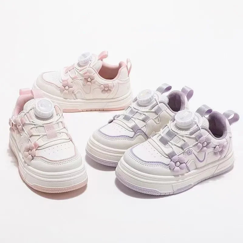 Girls Princess Skate Shoes Rotating Button Non-slip Kids Casual Shoes with Flowers 2025 New Children Sports Shoes Sweet Soft
